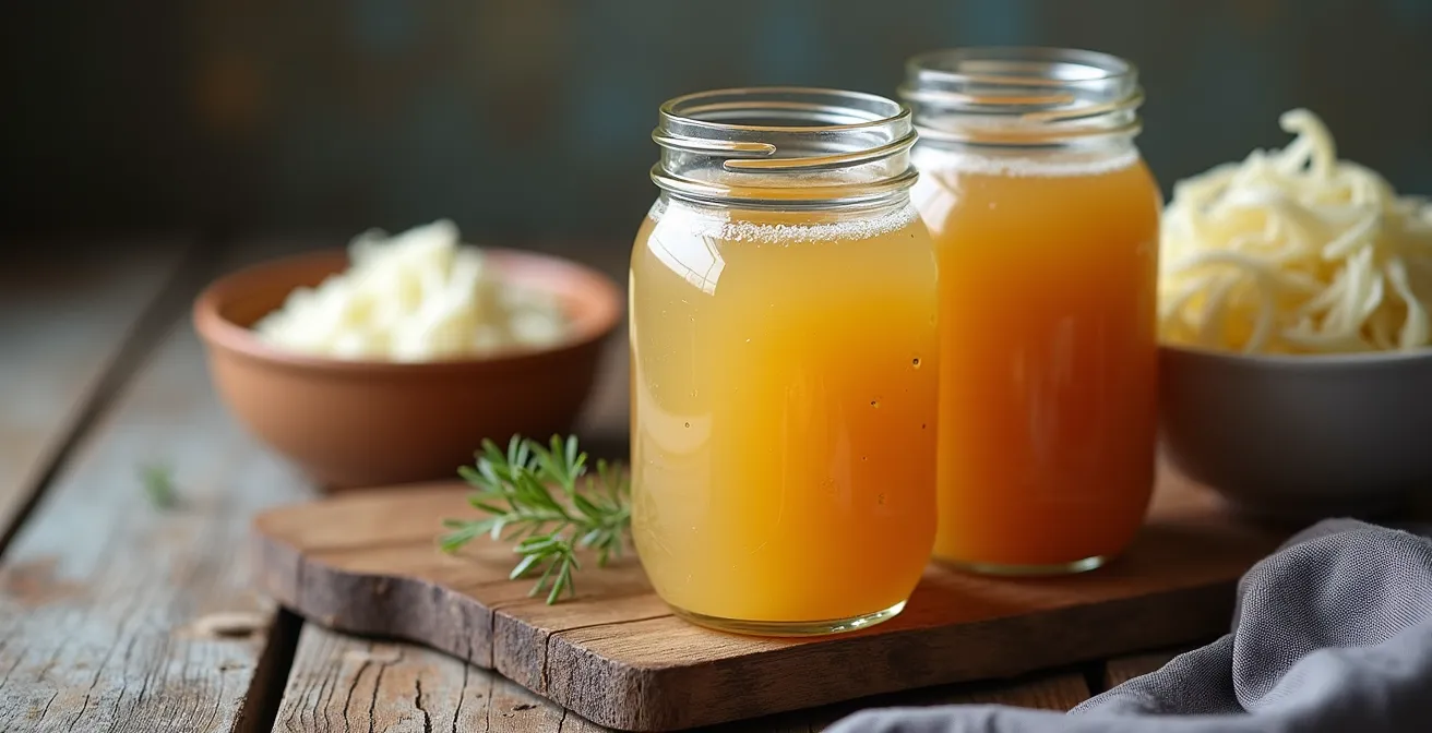 Arrangement artistique d'aliments fermentés québécois incluant kombucha artisanal, choucroute et kéfir sur une table en bois rustique