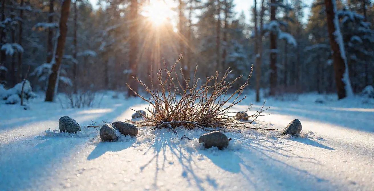 Installation artistique de land art dans un paysage québécois enneigé avec forêt boréale