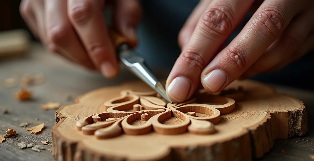 Gros plan sur les mains d'un sculpteur travaillant le bois avec des outils traditionnels