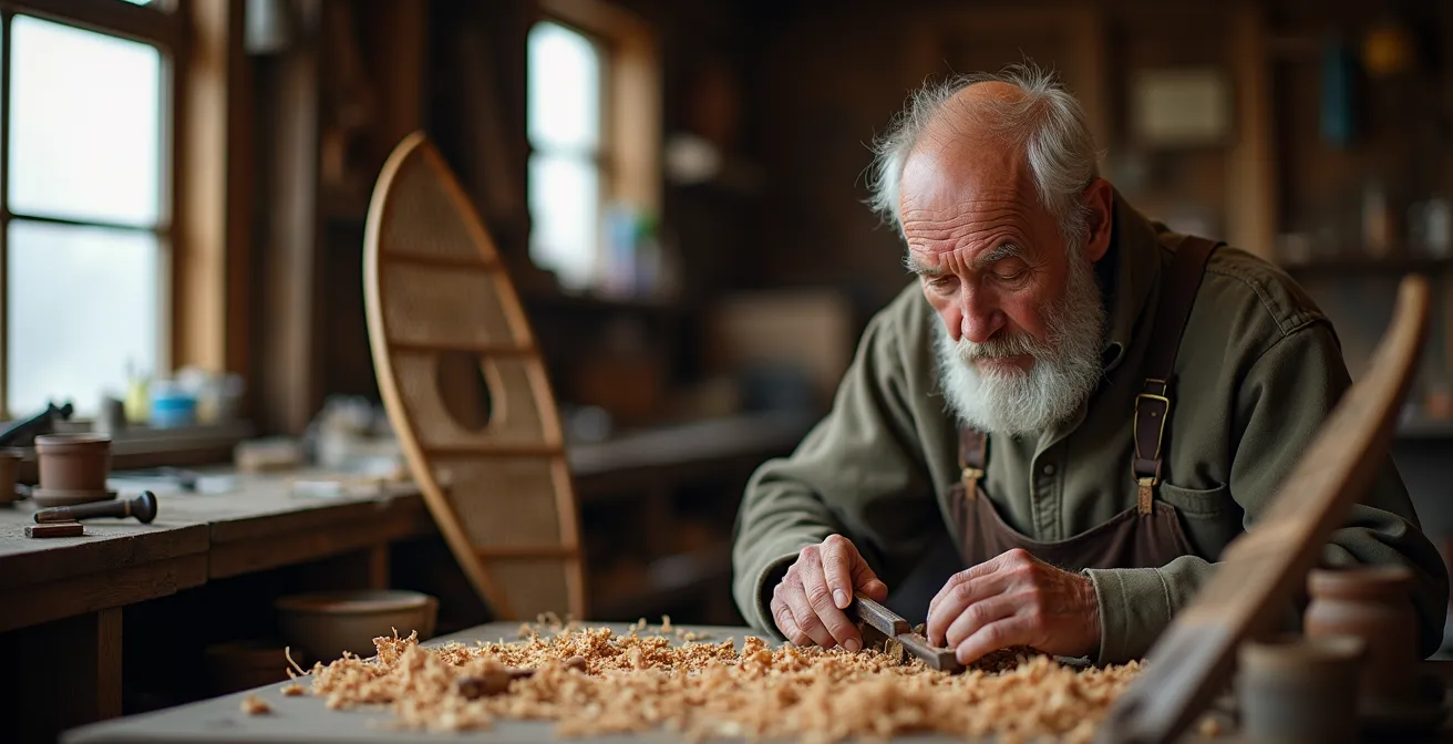 Artisan québécois travaillant le bois dans un atelier traditionnel avec outils ancestraux