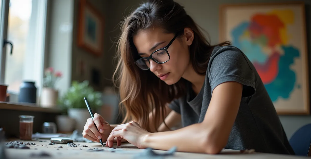 Portrait intime d'un jeune artiste québécois travaillant dans son atelier avec des matériaux mixtes
