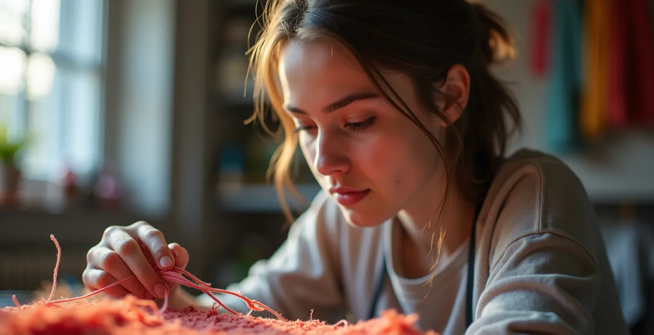 Portrait rapproché d'une jeune artiste québécoise travaillant sur une installation textile