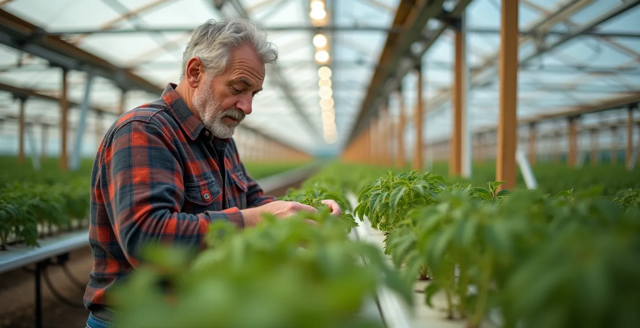 Producteur québécois dans une serre hydroponique moderne inspectant des tomates avec des données holographiques abstraites flottant dans l'air