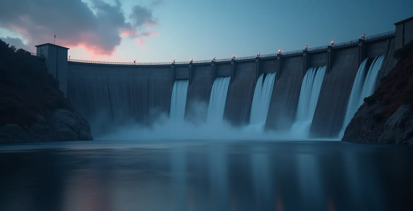 Vue dramatique du barrage Manic-5 montrant sa fonction de stockage d'énergie