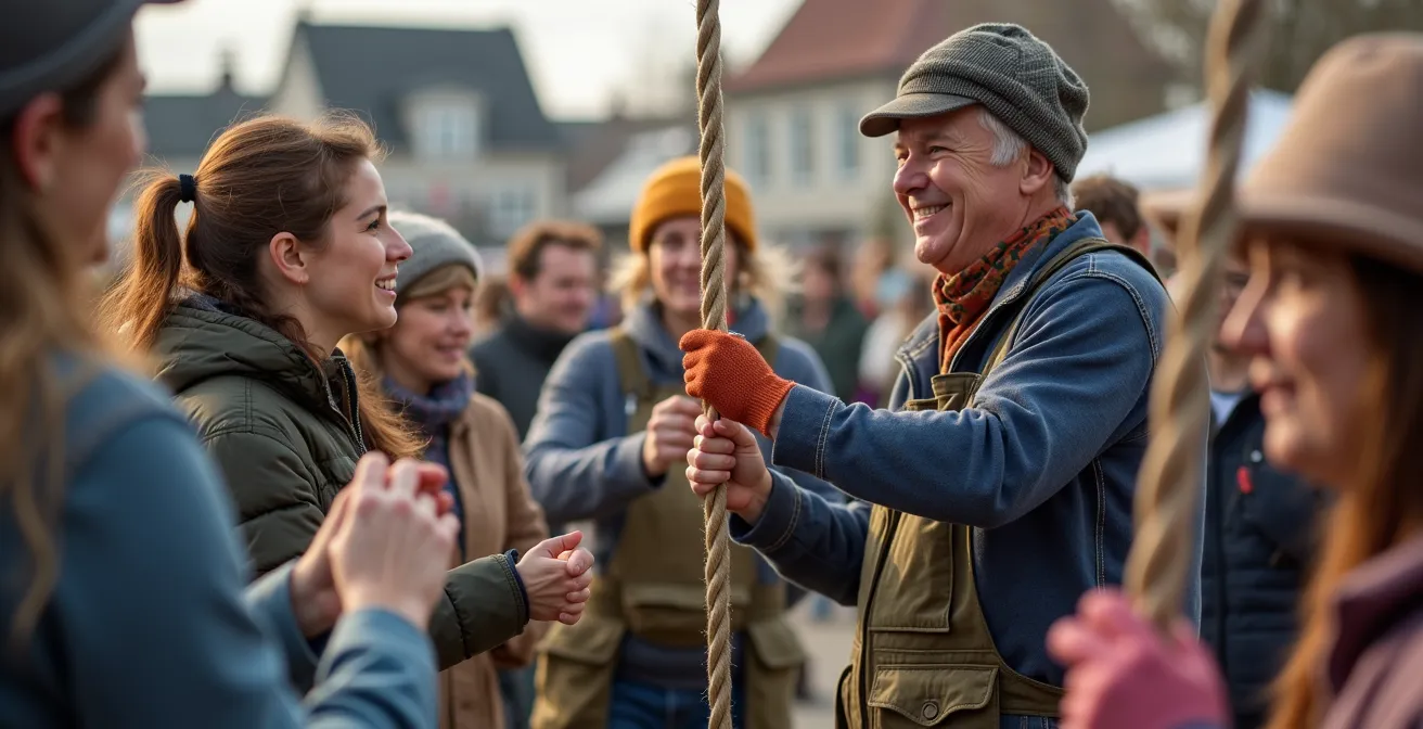 Bénévoles aidant à monter un chapiteau de festival dans un village québécois