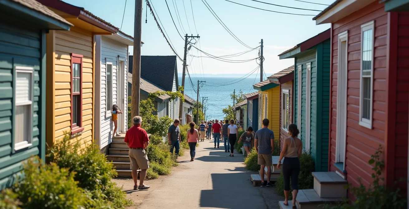 Bénévoles installant des décorations pour un festival local en Gaspésie avec des résidents