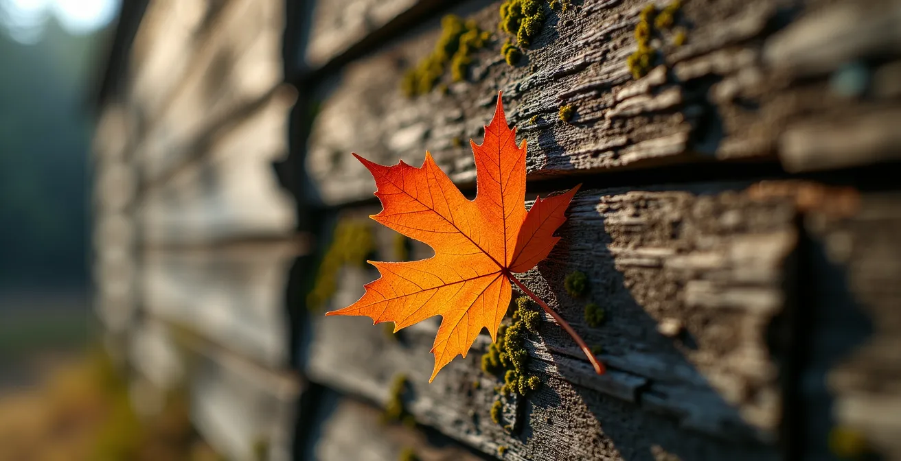 Cabane traditionnelle en bois au milieu d'une forêt boréale canadienne avec lumière dorée filtrant à travers les arbres