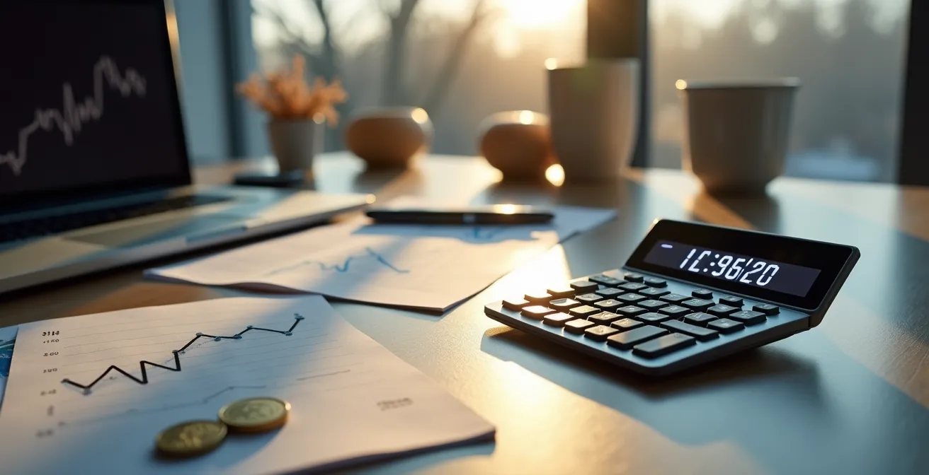 Bureau moderne avec calculatrice, graphiques financiers et modèle réduit de panneau solaire