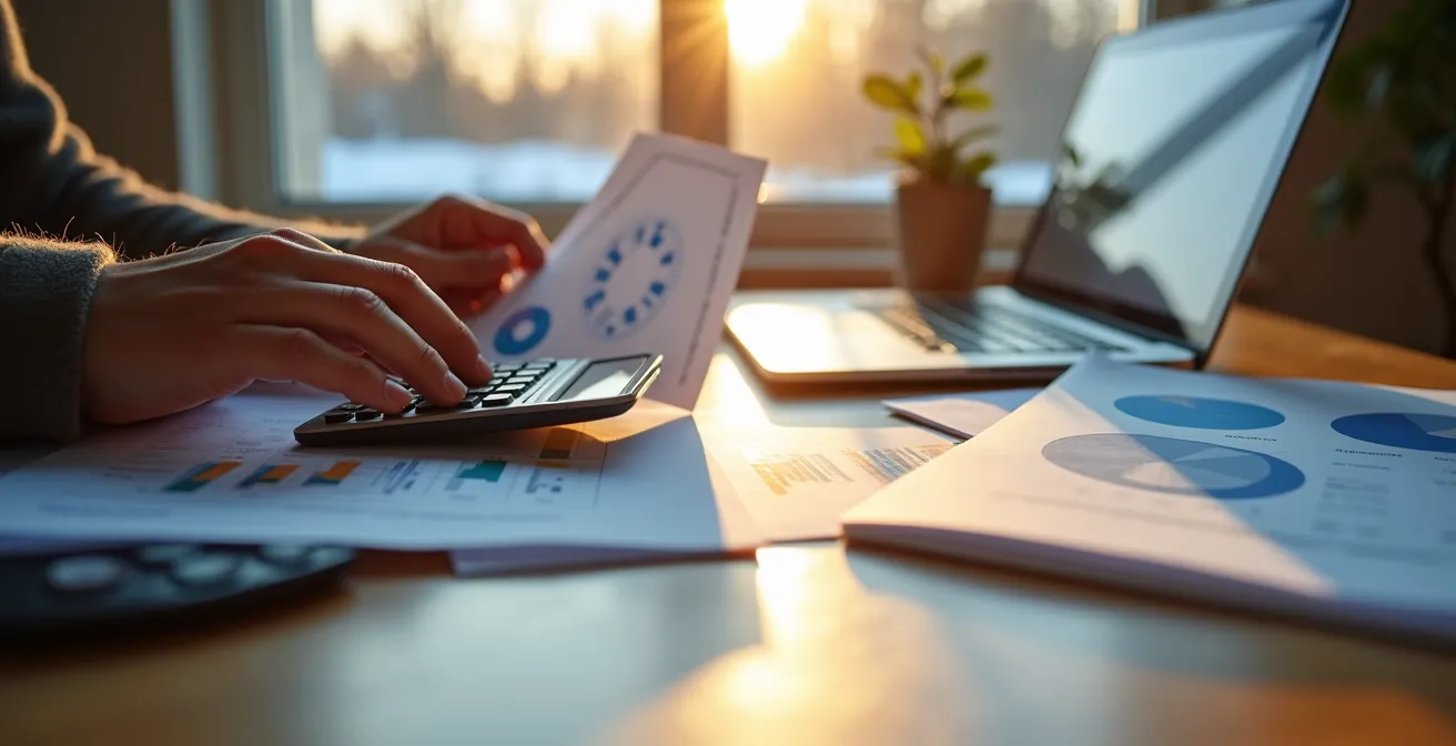 Personne analysant des graphiques de rentabilité solaire sur une table avec calculatrice et documents financiers