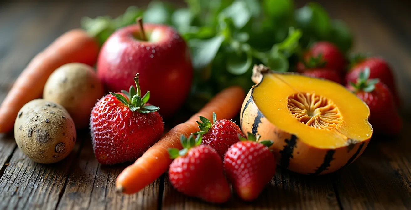 Composition de fruits et légumes de saison du Québec disposés en cercle saisonnier