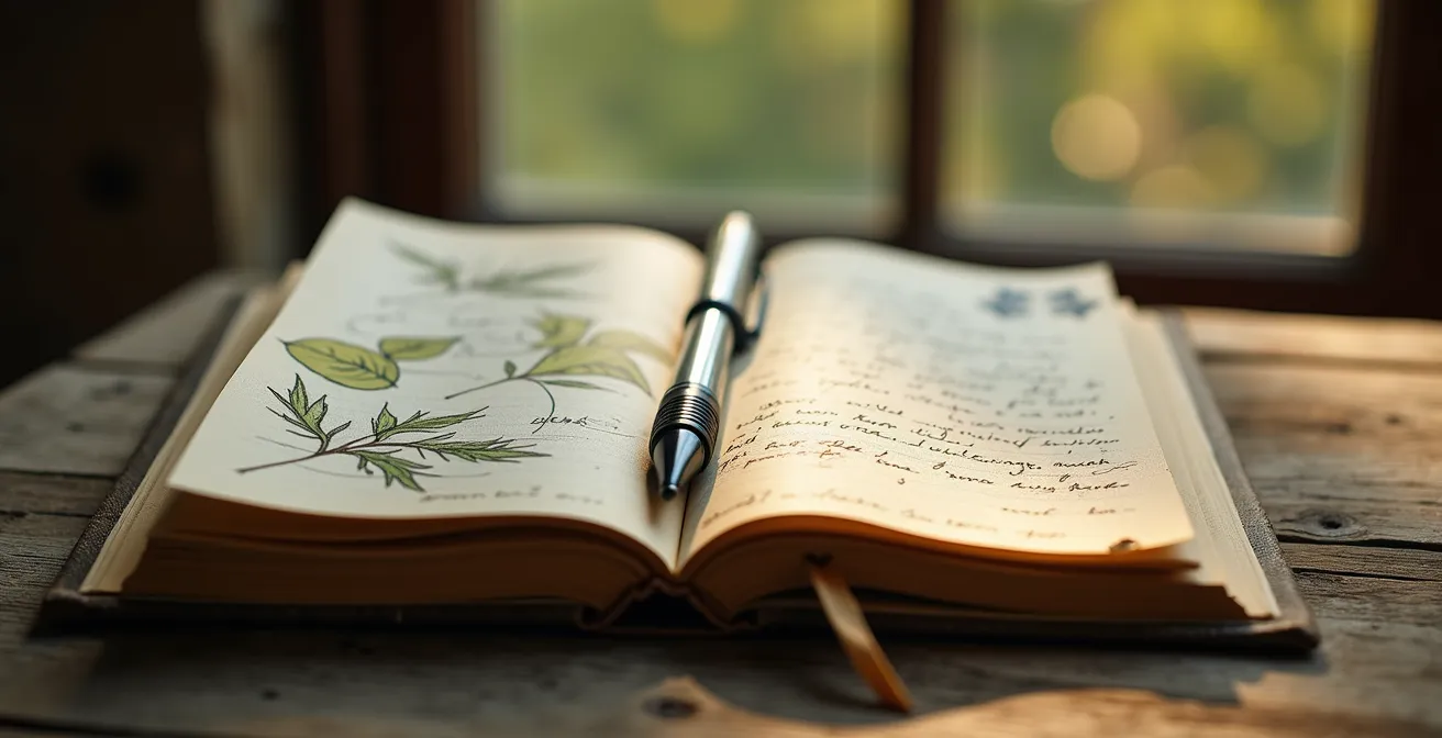 Carnet de voyage ouvert avec notes sur l'impact du tourisme durable