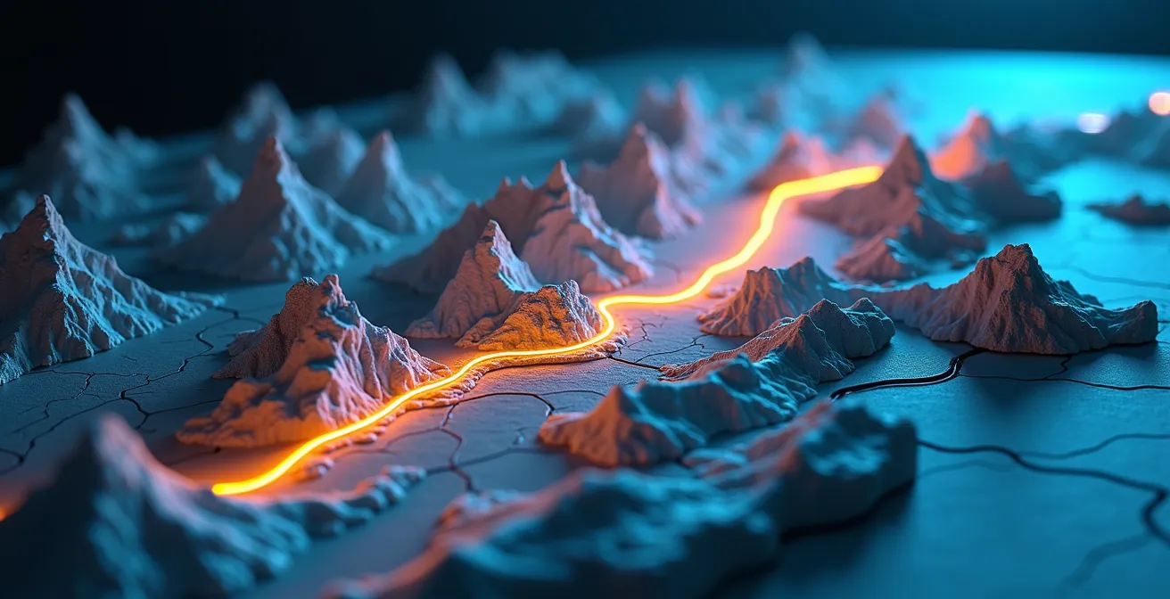 Carte stylisée montrant les connexions énergétiques entre le Québec et les États-Unis avec représentation symbolique des flux
