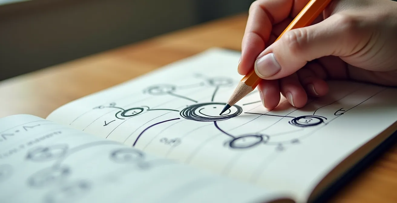 Main tenant un crayon au-dessus d'un carnet ouvert avec des cercles et connexions dessinés