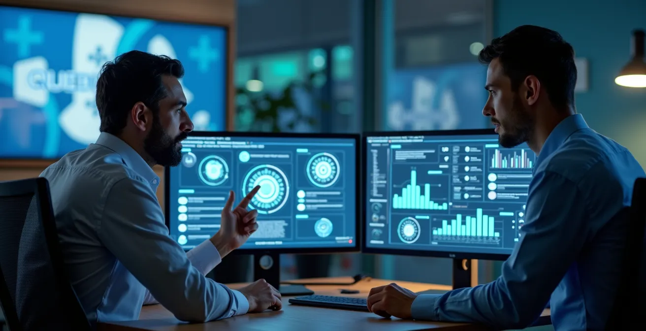 Centre d'opérations de sécurité avec professionnels surveillant des écrans dans un environnement québécois