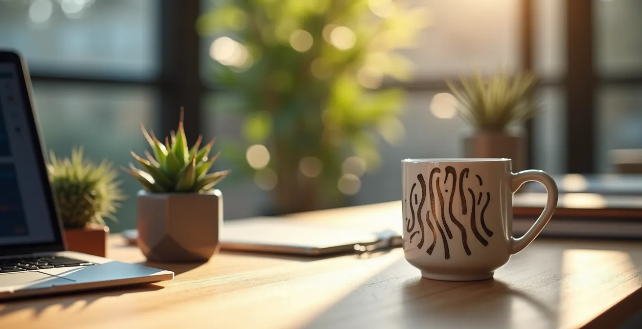 Espace de travail organisé avec un aide-mémoire sur la sécurité bien visible à côté de l'ordinateur.