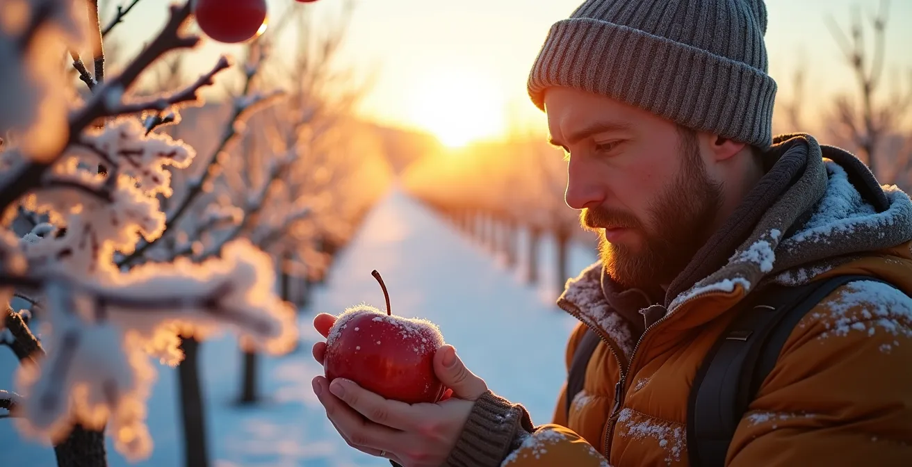 Verger enneigé en Montérégie avec pommiers givrés au soleil couchant