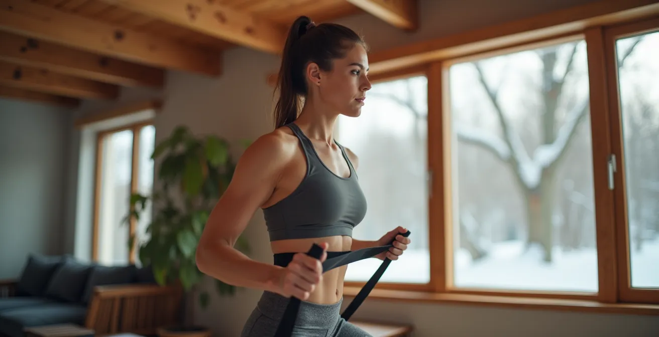 Personne effectuant des rotations du torse avec élastique dans un salon québécois typique