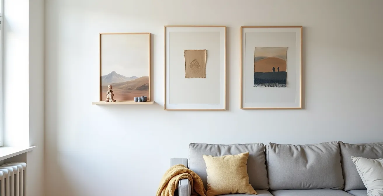 Salon montréalais moderne avec œuvres d'art émergent accrochées aux murs