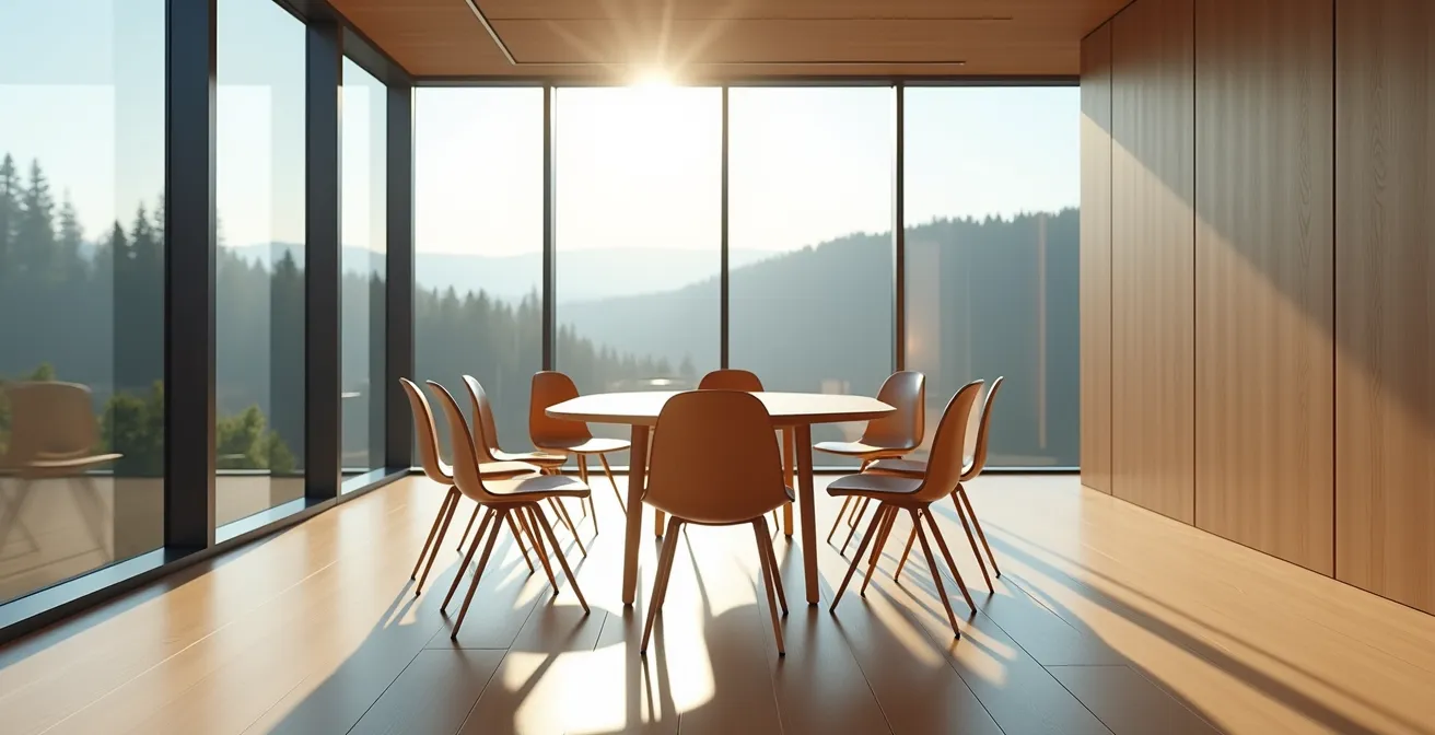 Espace de réunion minimaliste avec vue sur la nature, symbolisant la réflexion éthique