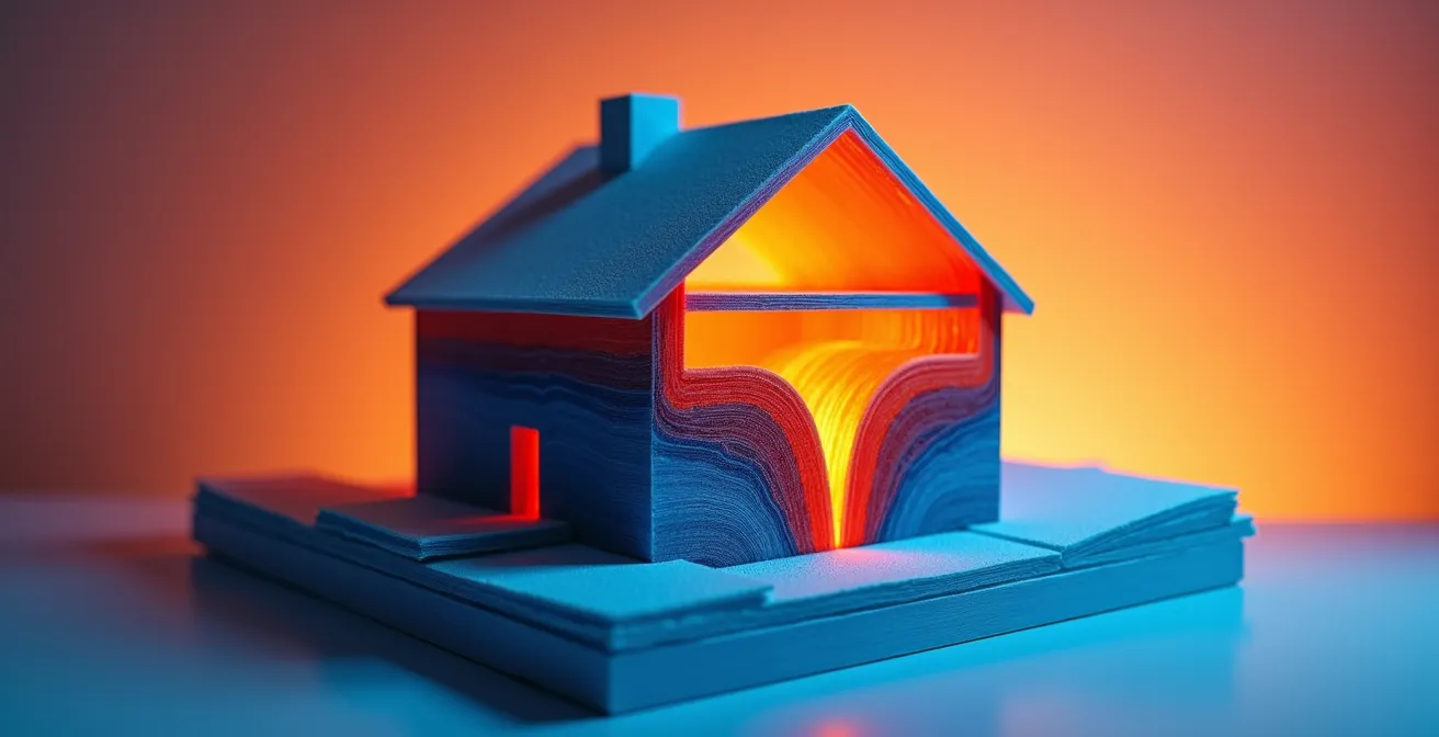 Coupe transversale d'une maison québécoise montrant les zones d'isolation et les flux thermiques colorés