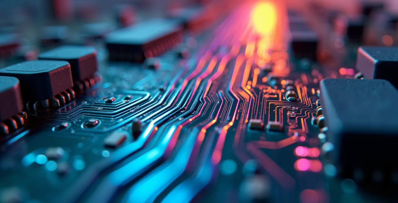 Visualisation macro de circuits imprimés avec reflets colorés symbolisant la diversité des données