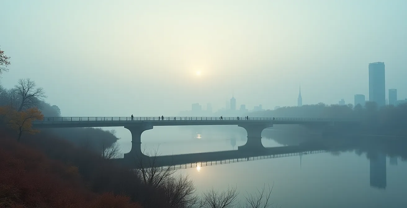 Pont symbolique reliant deux rives représentant le Québec francophone et le Canada anglophone avec des personnes se rencontrant au milieu