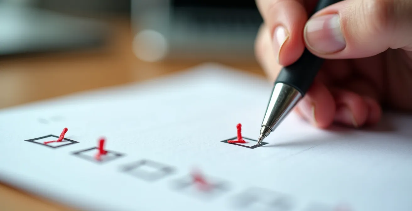 Main d'employé cochant une liste de vérification de sécurité informatique sur un bureau québécois