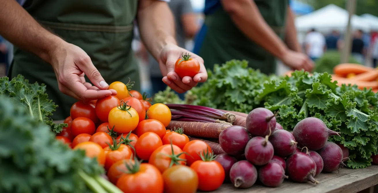 Vue plongeante sur un étal de légumes colorés dans un marché québécois