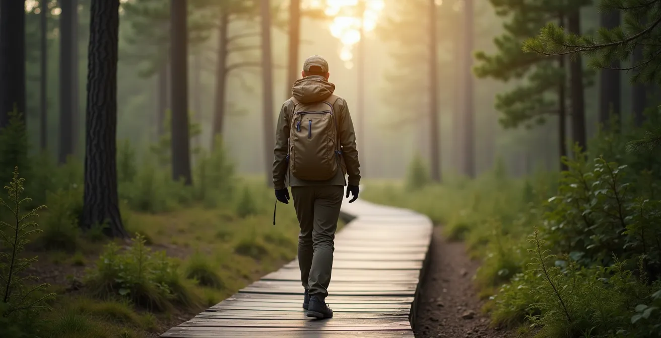 Randonneur respectueux sur sentier balisé en forêt québécoise