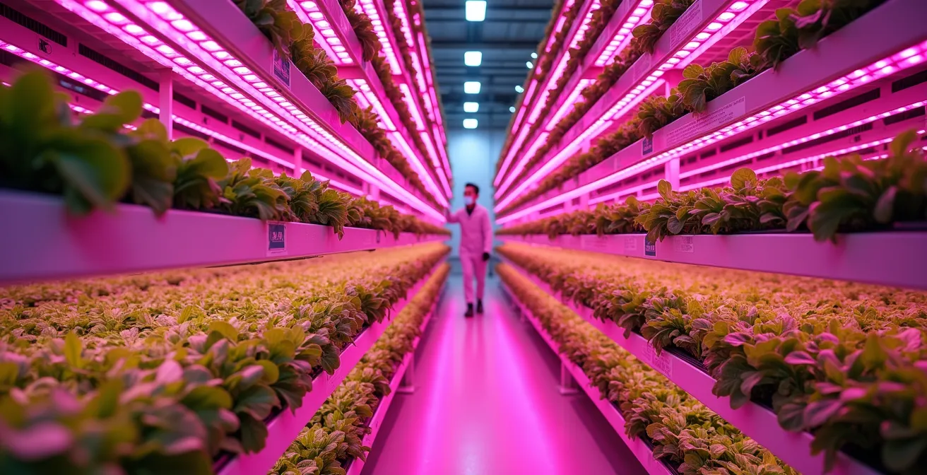 Intérieur d'une ferme verticale avec rangées de légumes verts sous éclairage LED rose