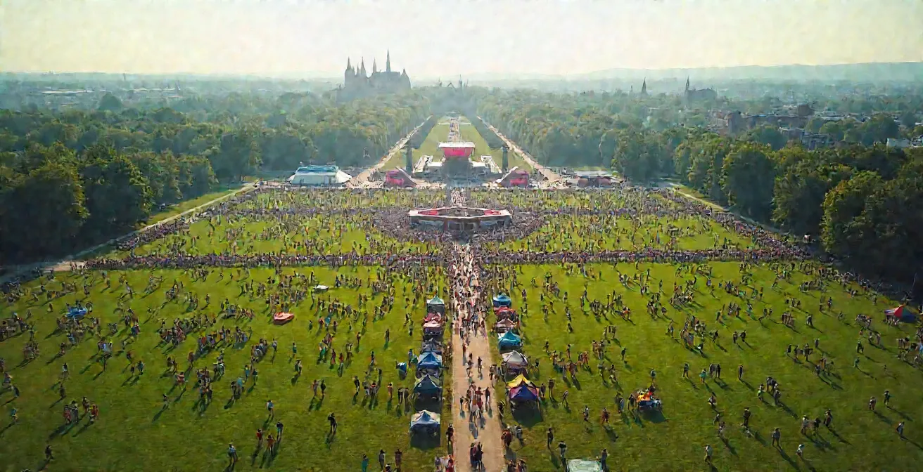 Vue aérienne des Plaines d'Abraham pendant le Festival d'été de Québec avec scènes multiples et foule immense