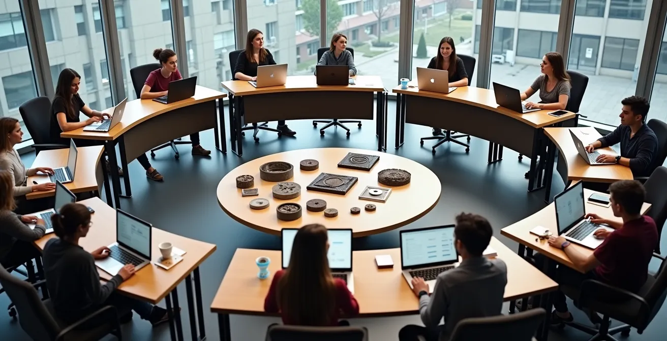 Salle de classe universitaire québécoise avec étudiants travaillant sur projets d'économie circulaire