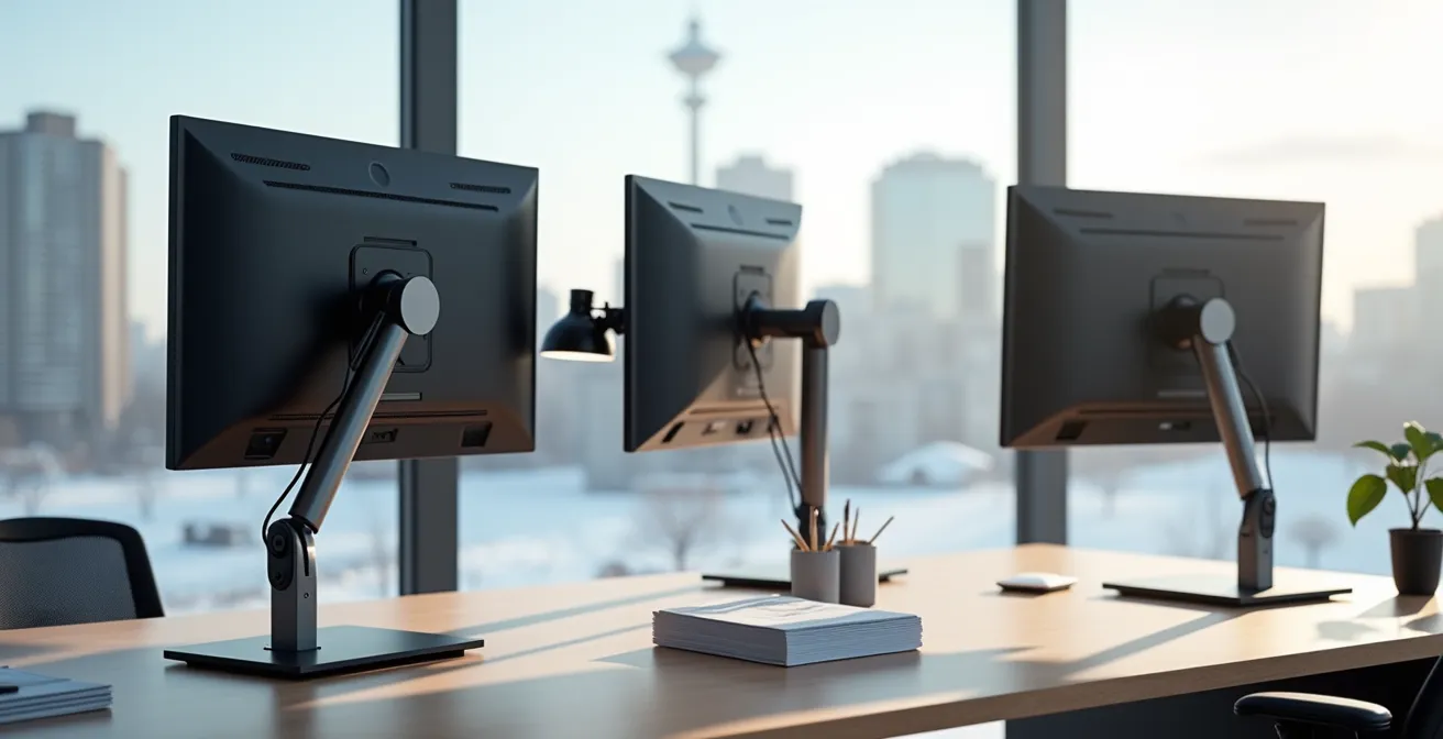 Bureau moderne avec analyse financière cloud sur plusieurs écrans vus de dos