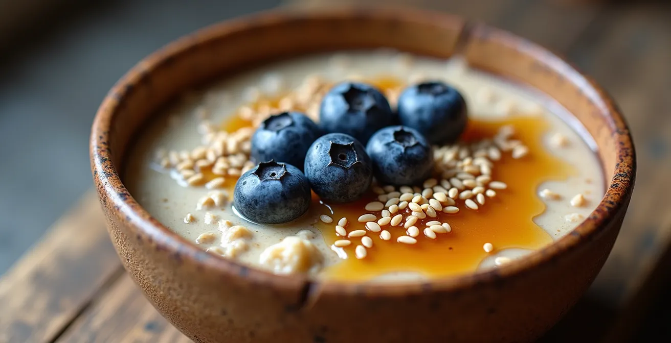 Bol de gruau garni de bleuets sauvages, graines de chanvre et sirop d'érable en macro détaillée