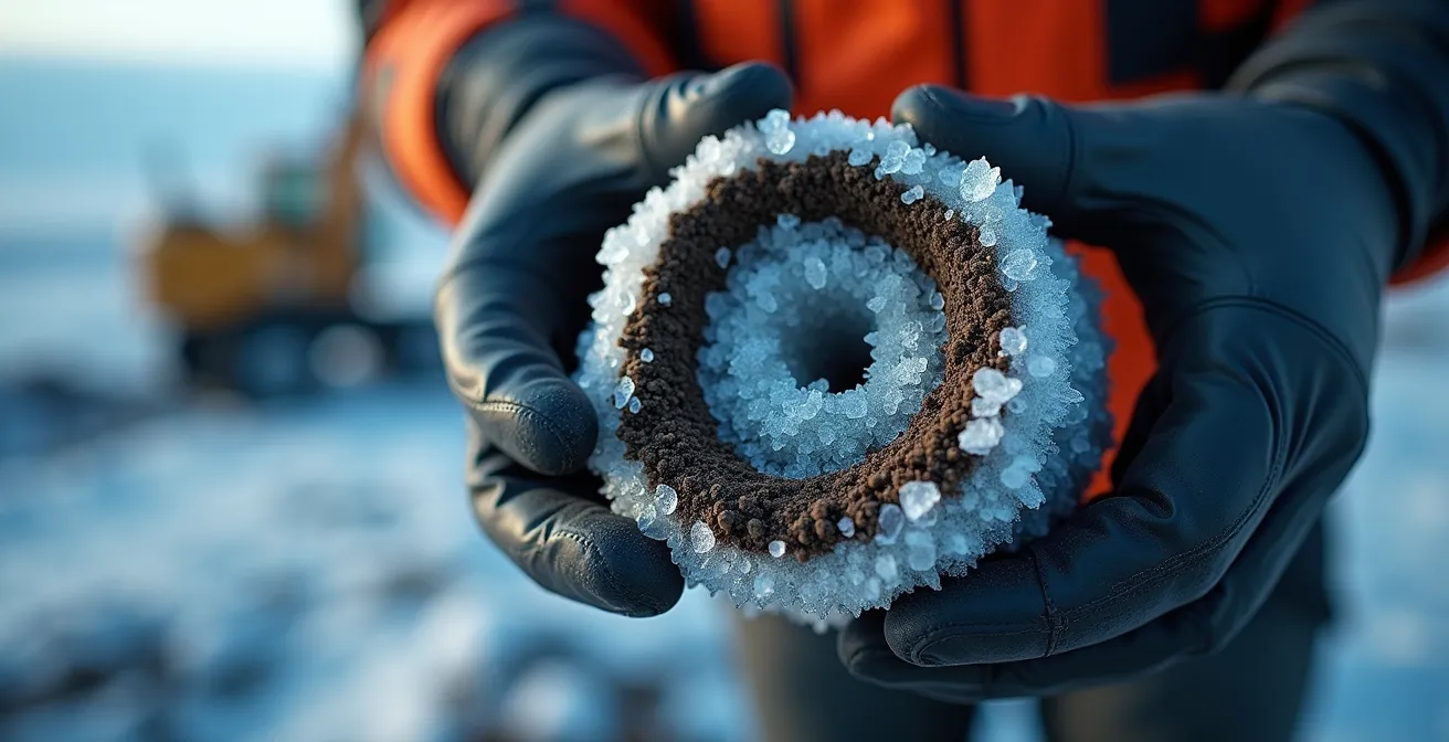 Ingénieur examinant une carotte de pergélisol sur un chantier de barrage nordique au Québec