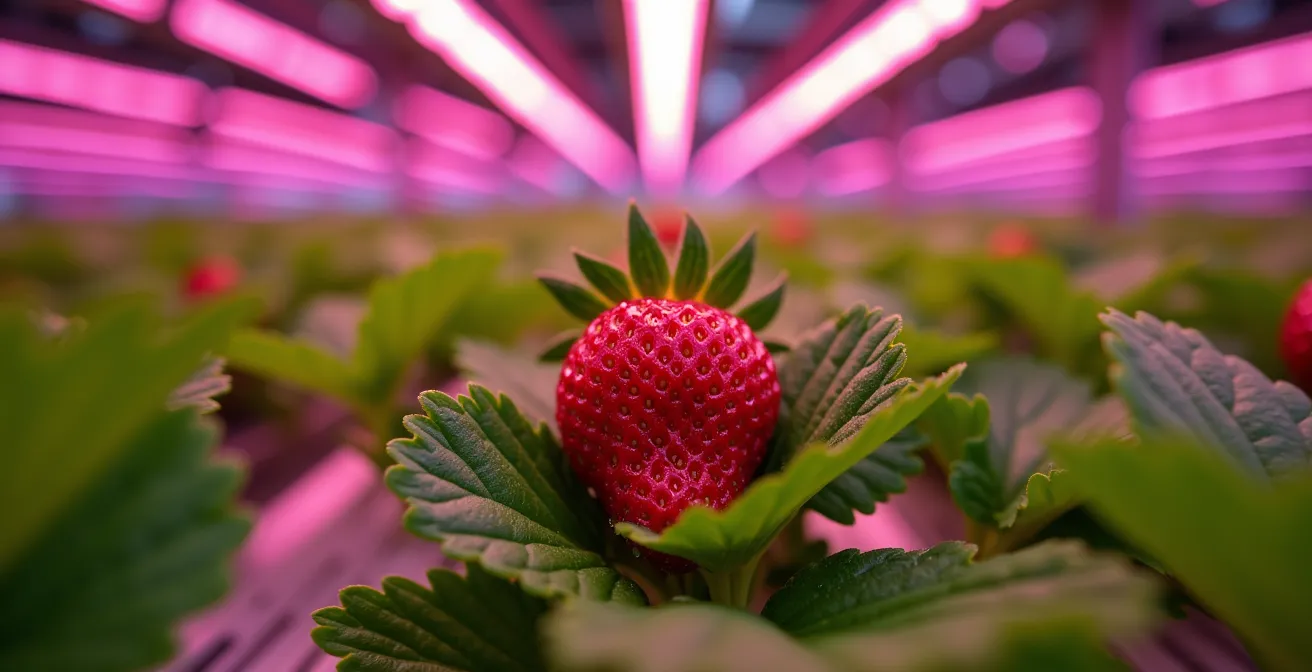 Vue intérieure d'une ferme verticale montréalaise avec rangées de fraises cultivées sur plusieurs niveaux