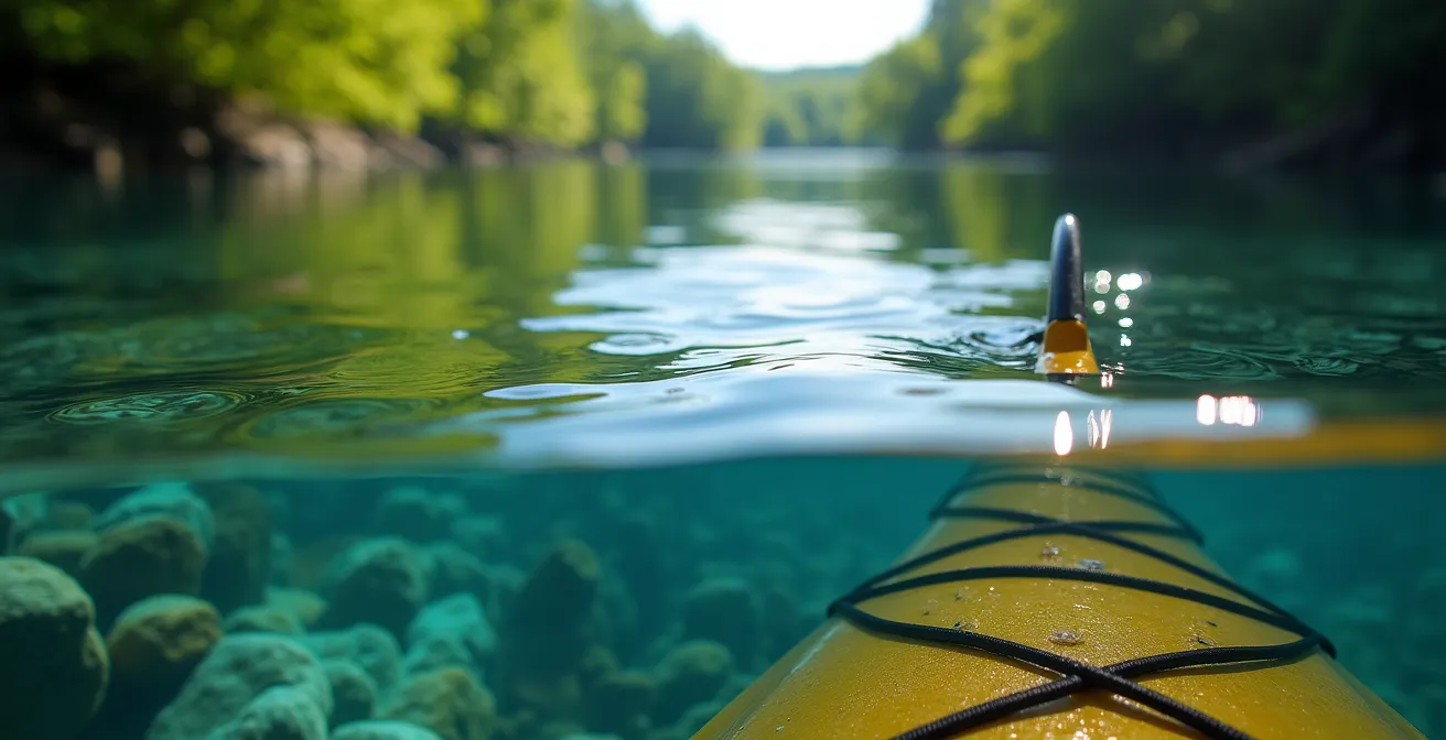 Kayakistes sur la rivière Bonaventure cristalline en Gaspésie pratiquant l'écotourisme