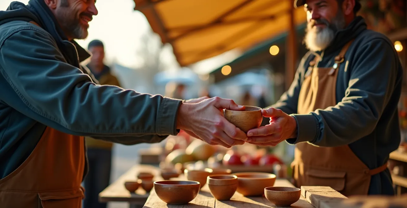 Marché public québécois avec artisans locaux et produits du terroir