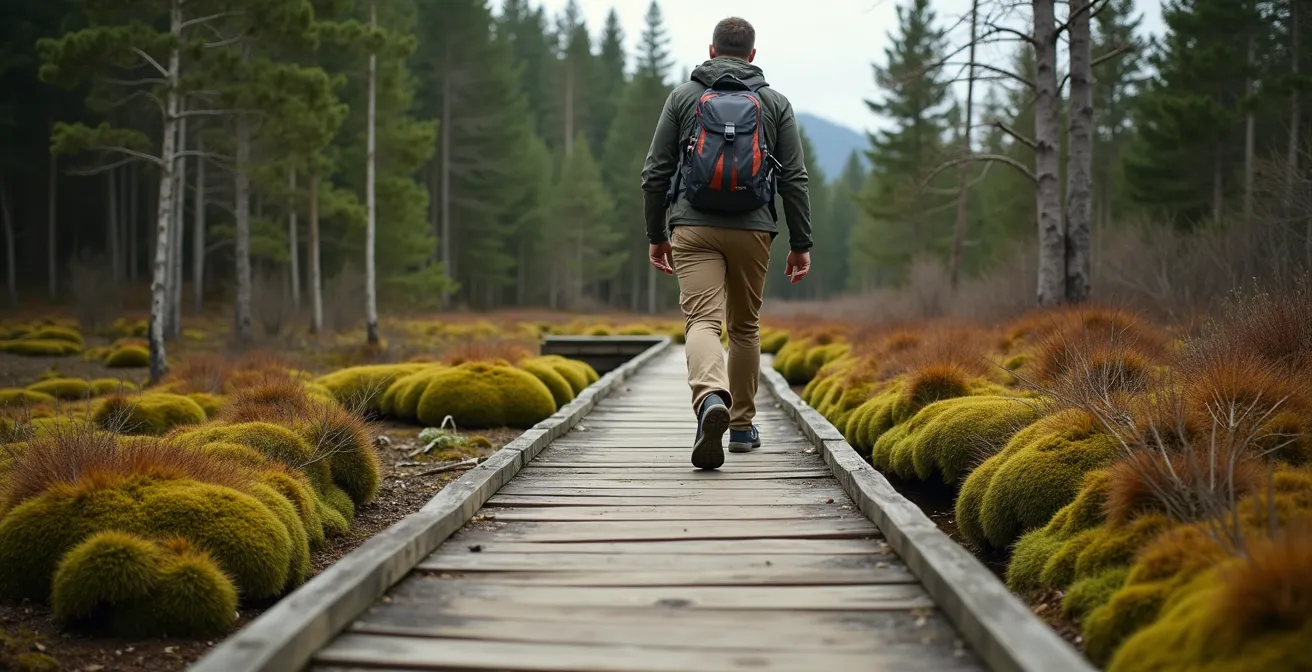 Randonneur sur un sentier balisé en forêt boréale québécoise respectant les principes Sans Trace
