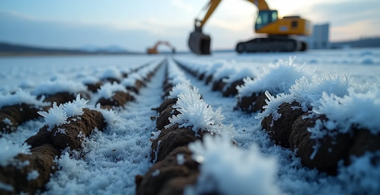 Gros plan sur le sol gelé du pergélisol avec des équipements d'ingénierie spécialisés et des structures de monitoring dans le Nord québécois
