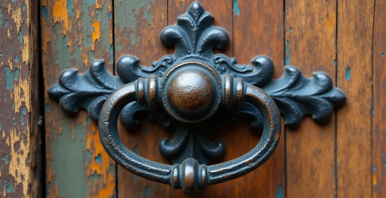 Gros plan sur une porte ancienne du Vieux-Québec avec ferronnerie d'époque et texture de bois patinée