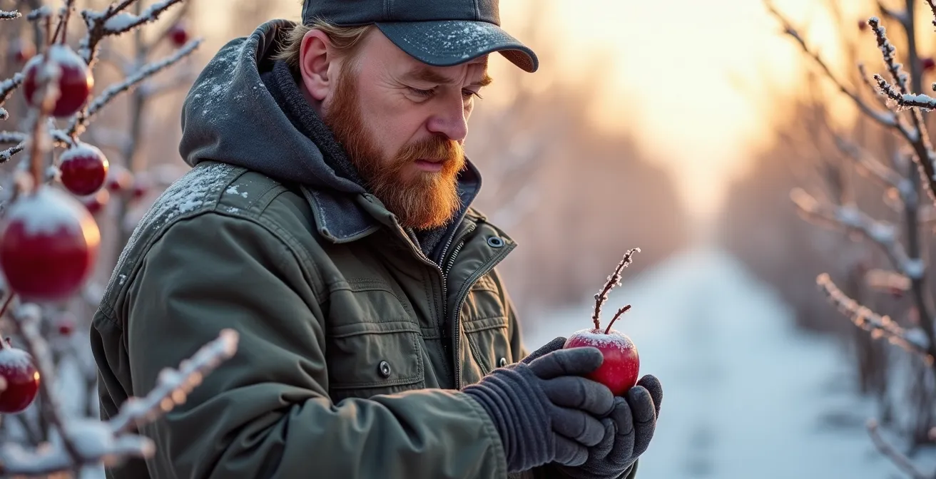 Producteur de cidre de glace récoltant des pommes gelées dans son verger en hiver