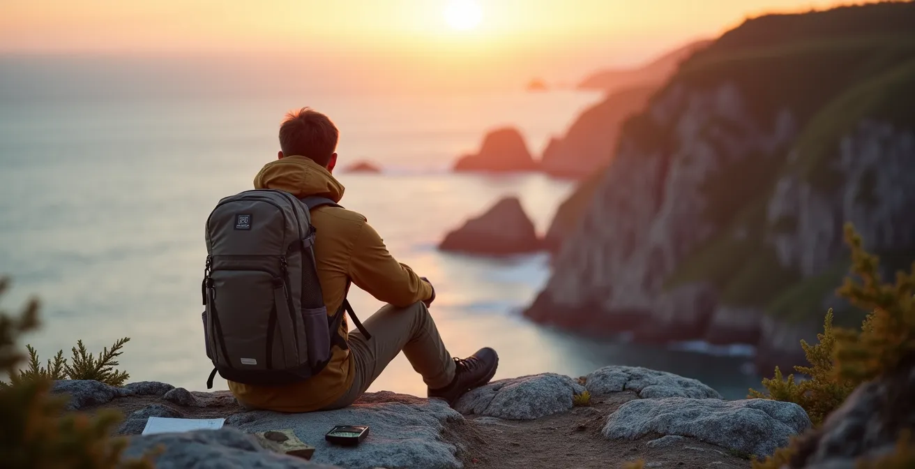 Randonneur contemplant le paysage côtier sauvage de la Gaspésie sans appareil électronique