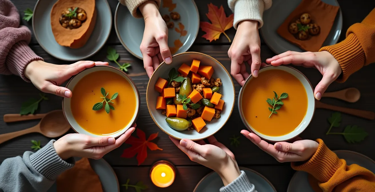 Table d'automne québécoise avec courges, racines et légumes colorés arrangés de manière artistique
