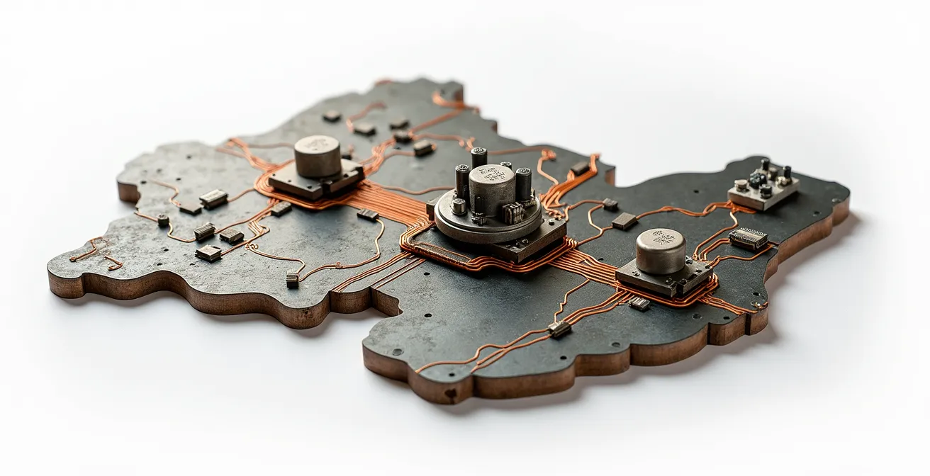 Carte stylisée du Québec montrant les connexions entre fournisseurs locaux d'équipements reconditionnés et les PME