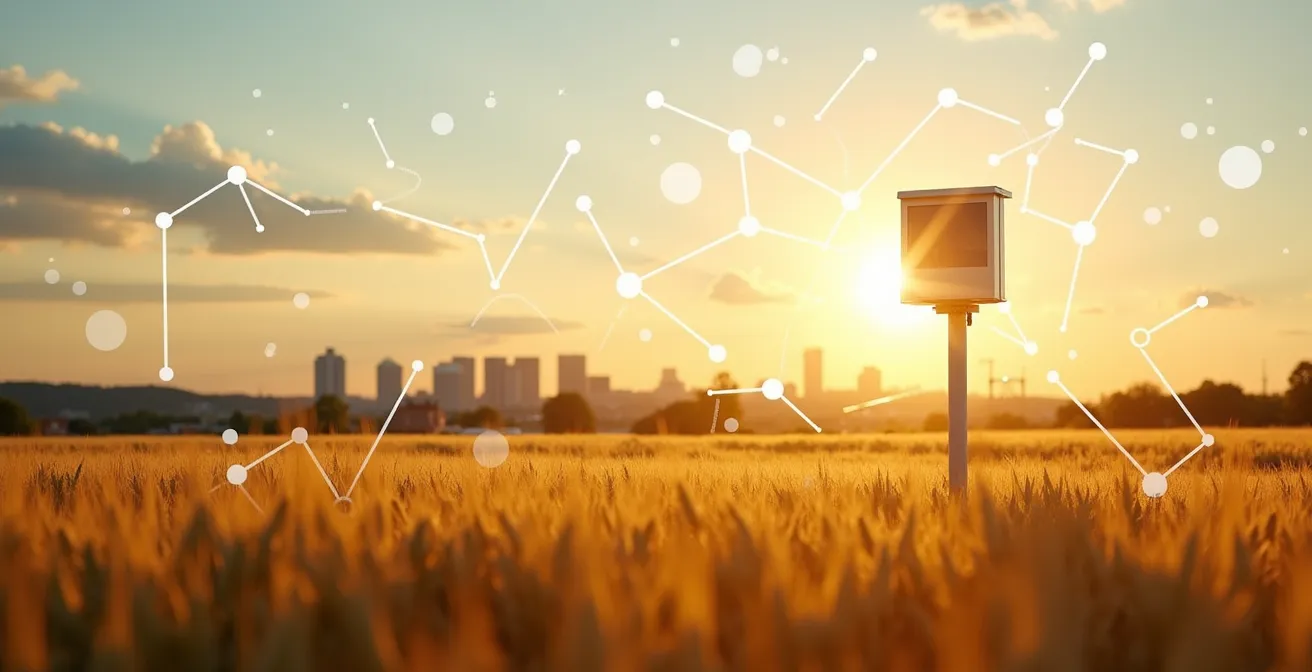 Réseau de capteurs IoT dans un champ de blé québécois avec données visualisées en arrière-plan