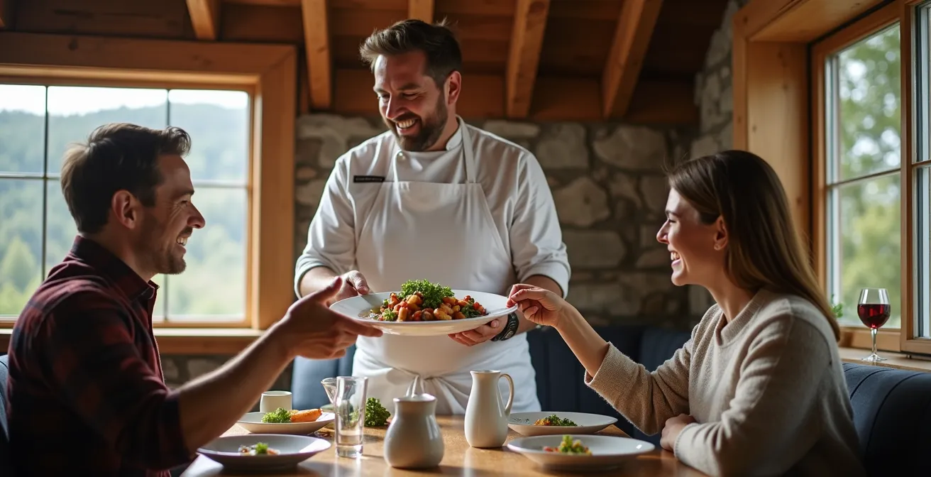 Intérieur chaleureux d'un restaurant québécois avec vue sur les champs
