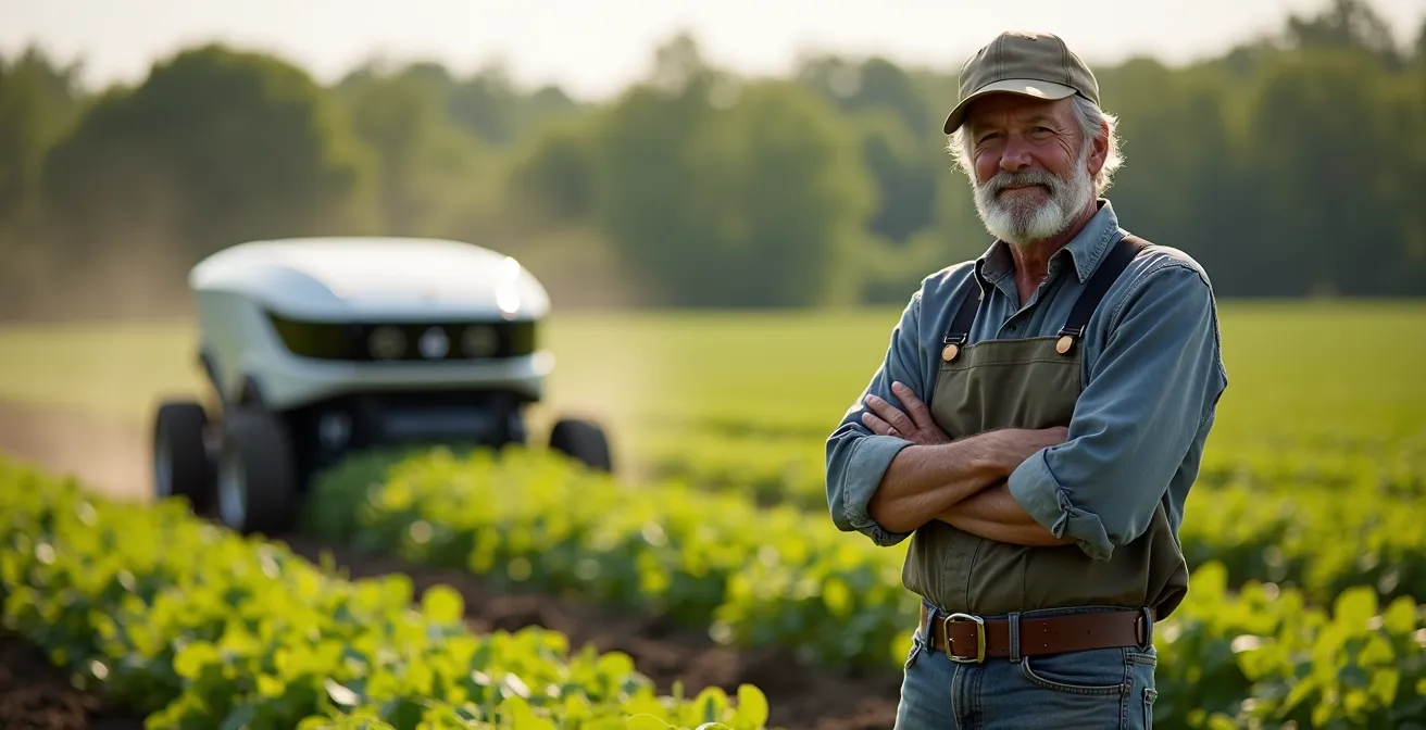 Robot autonome La Chèvre de Nexus Robotics désherbage une rangée de légumes dans un champ québécois