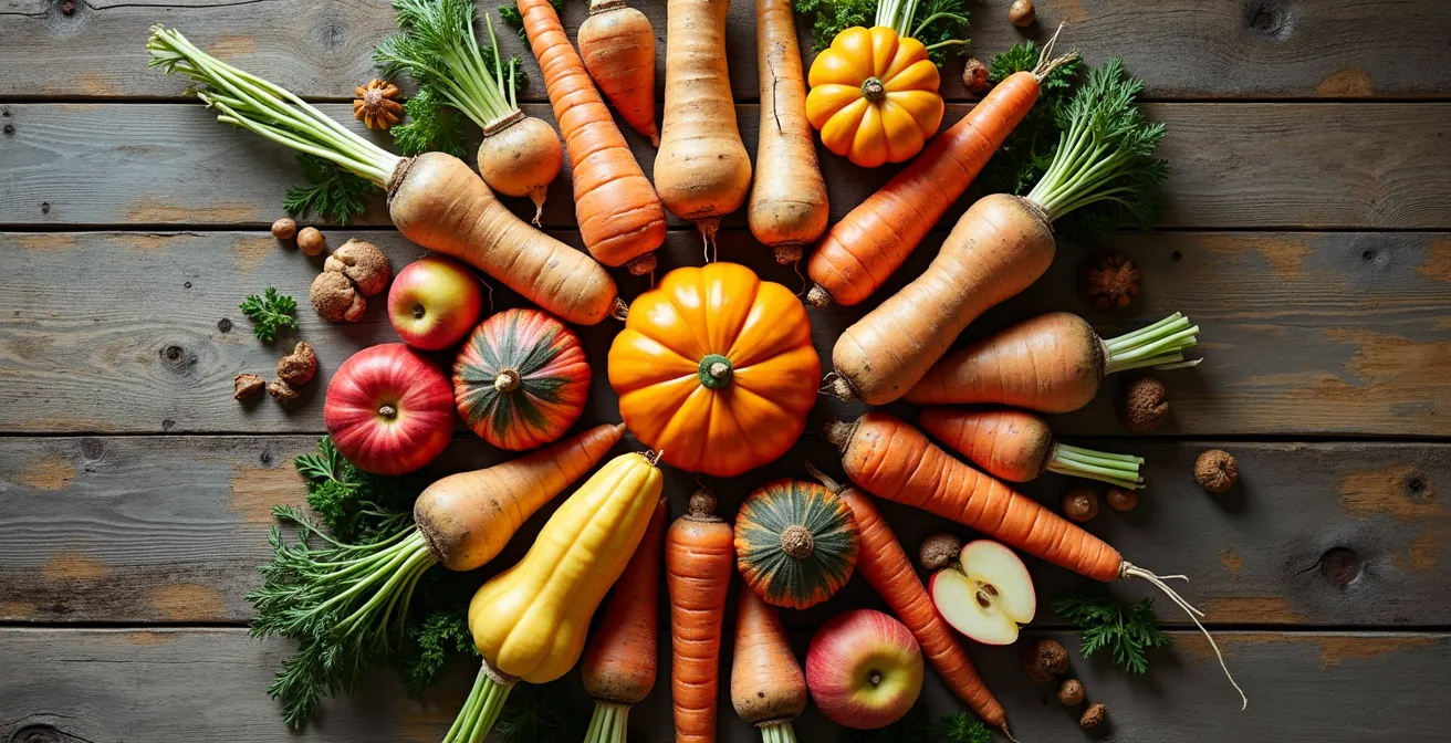 Composition circulaire de légumes racines et courges du Québec en automne
