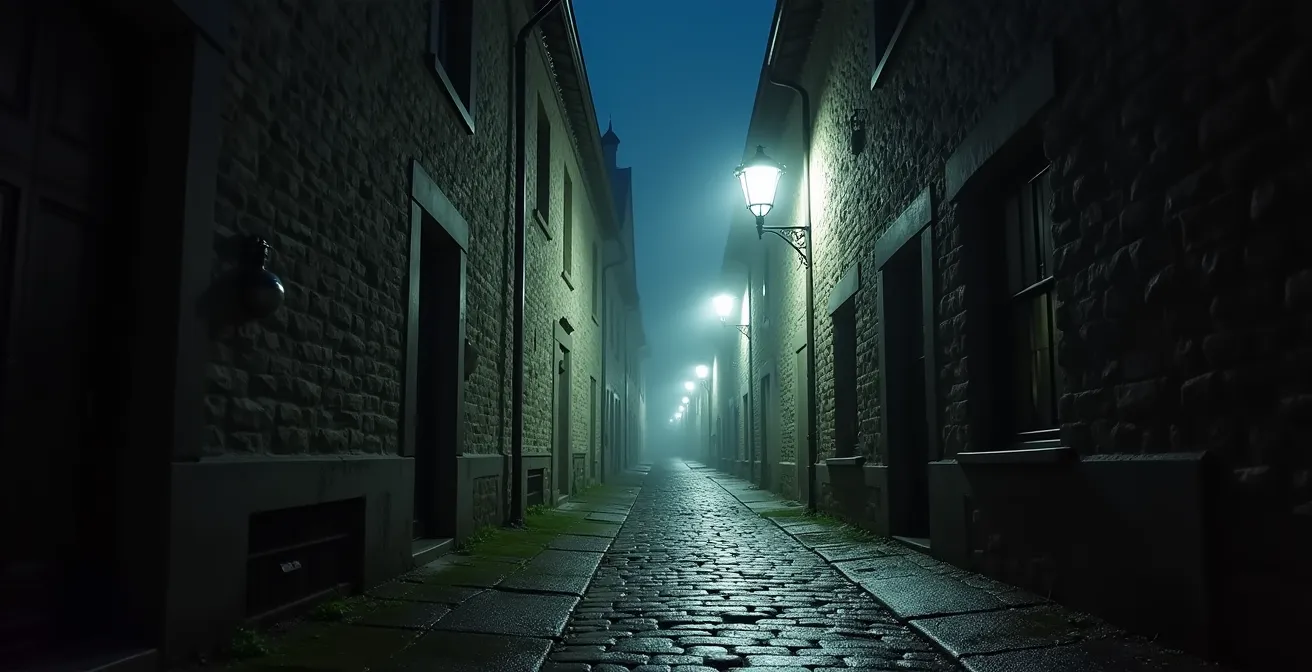 Ruelle pavée du Vieux-Québec la nuit avec éclairage dramatique des lampadaires créant des ombres mystérieuses
